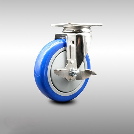 Service Caster 5 Inch 316SS Blue Polyurethane Wheel Swivel Top Plate Caster with Brake SCC SCC-SS31620S514-PPUB-BLUE-TLB